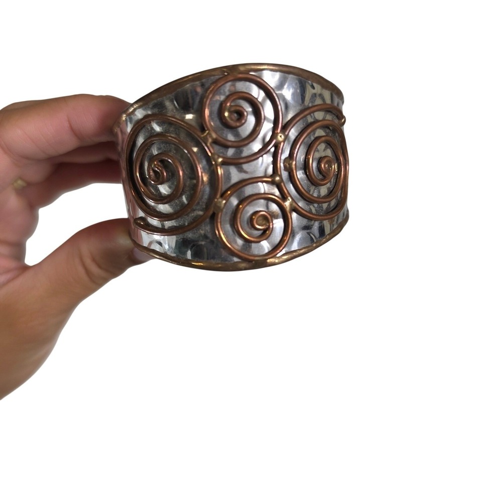 Mixed Metal Hammered Cuff Bracelet Copper Spiral Swirl Detail Boho Artisan cyber